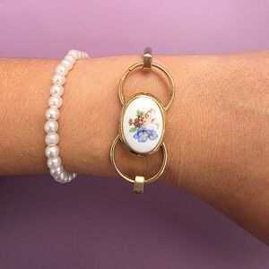 Vintage Gold Tone Porcelain Floral Bangle Bracelet Blue Pink Flower Oval Hook